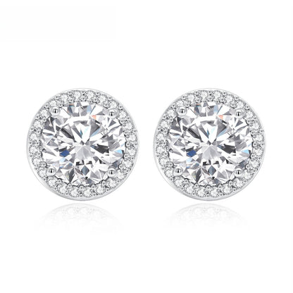 Round Halo Cubic Zirconia Stud Earrings for Women in Silver Plated Copper