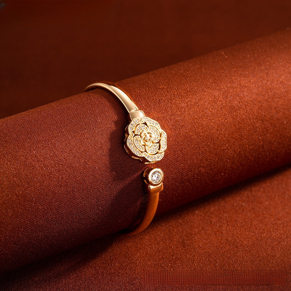 Elegant Rose Motif Cuff Bracelet for Women, Dainty Statement Jewelry