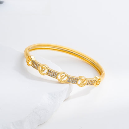 Elegant Gold Plated Letter Bangle Bracelet for Women with Crystal Accents