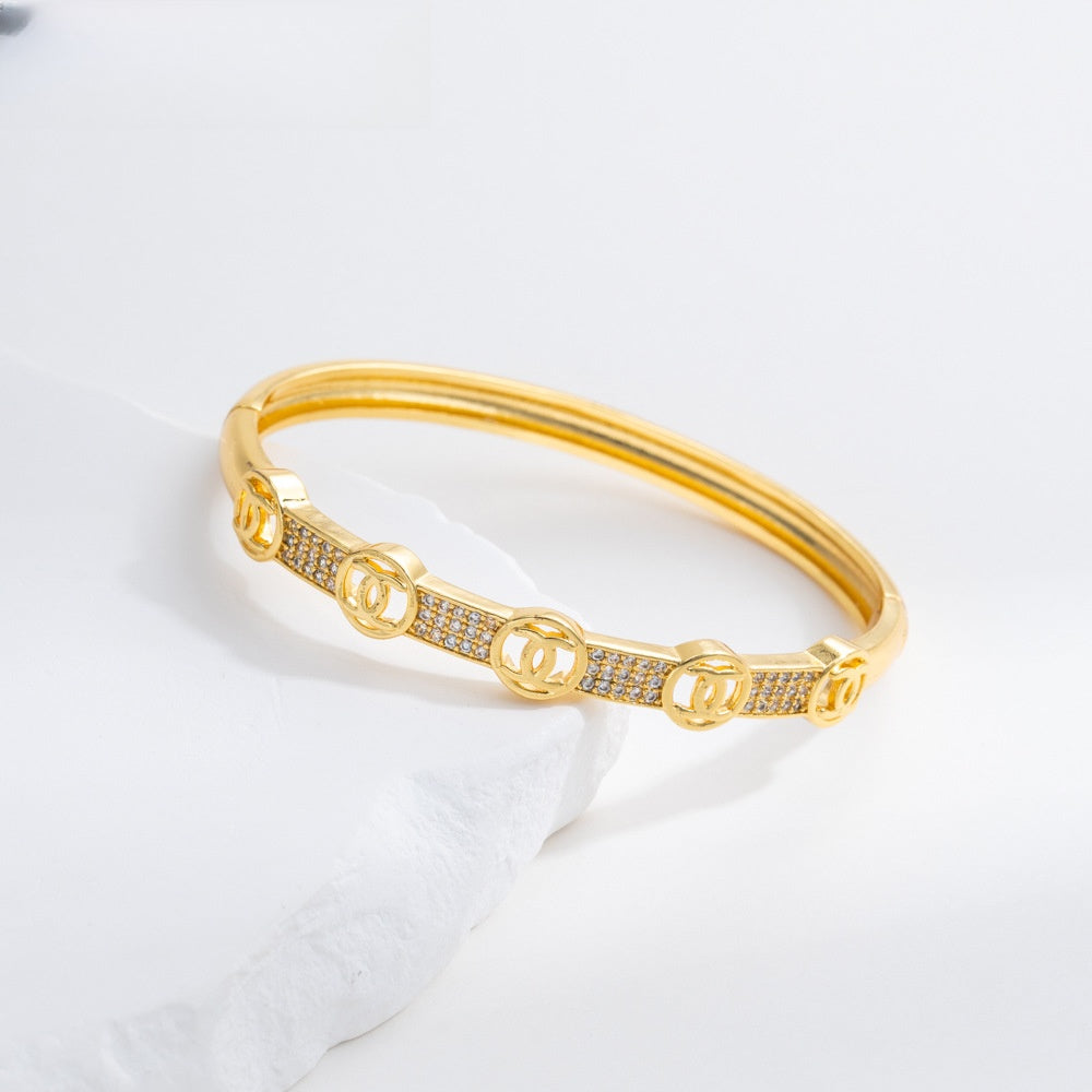 Elegant Gold Plated Letter Bangle Bracelet for Women with Crystal Accents