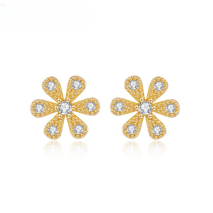 Gold Plated Floral Stud Earrings for Women with Crystal Accents – Dainty Elegant Statement Jewelry