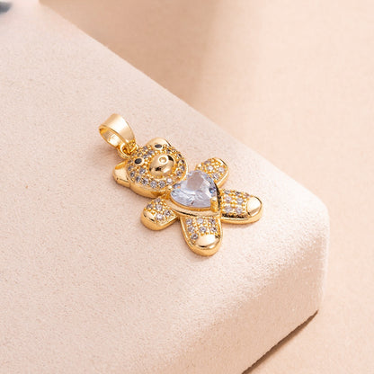 Gold Plated Teddy Bear Pendant Necklace with Heart Crystal Charm for Women
