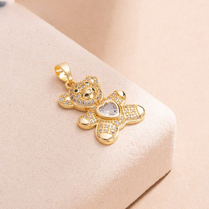 Gold Plated Teddy Bear Pendant Necklace with Heart Crystal Charm for Women