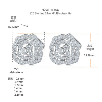 S925 Sterling Silver Camellia Flower Moissanite Stud Earrings for Women