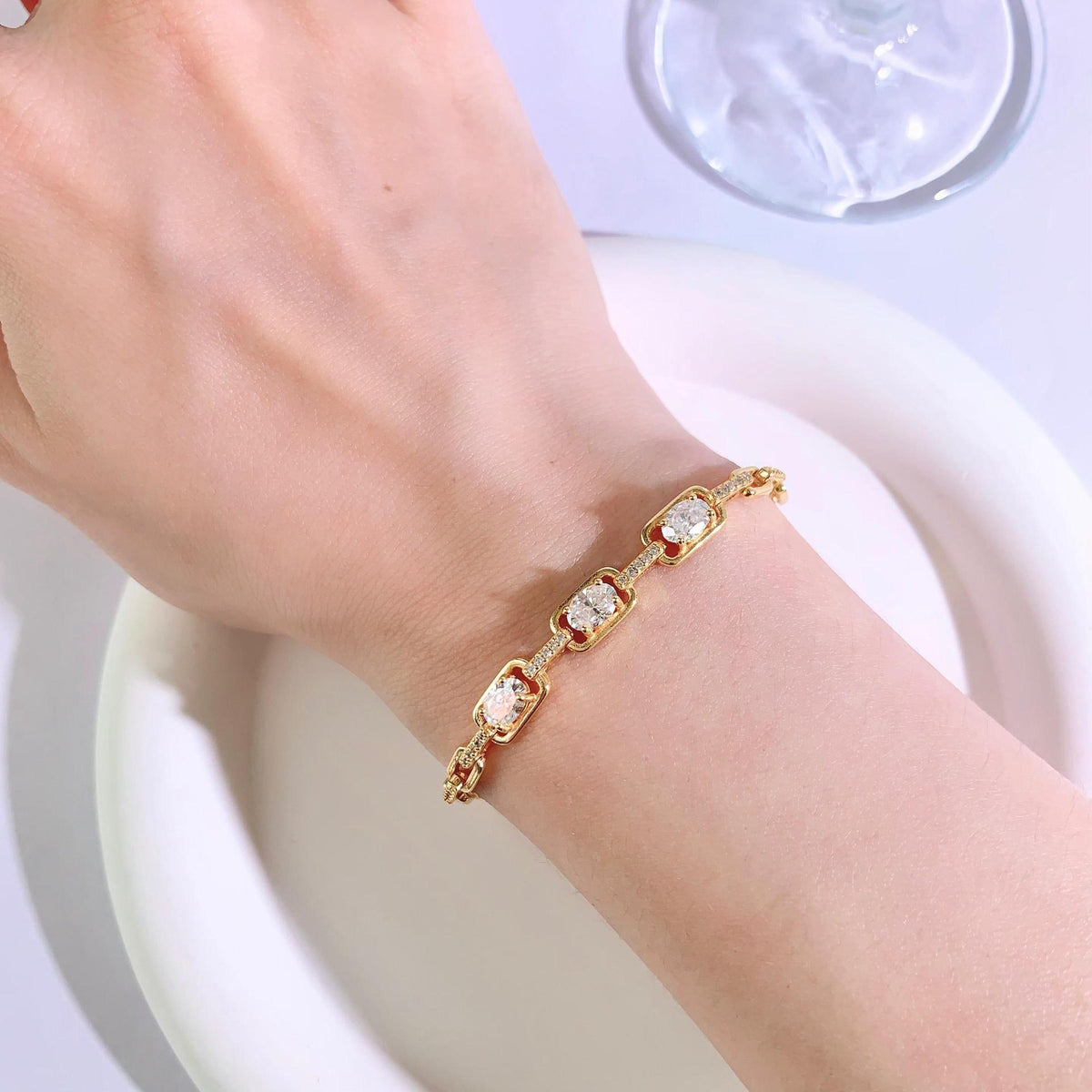 S925 Moissanite Link Bracelet, Oval Stone Tennis Bracelet, Adjustable 15+3cm, White product image