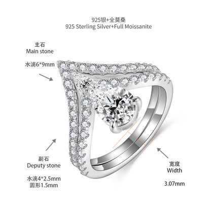Pear-Shaped Moissanite Engagement Ring, S925 18k White Gold Plated V Pavé Ring for Women