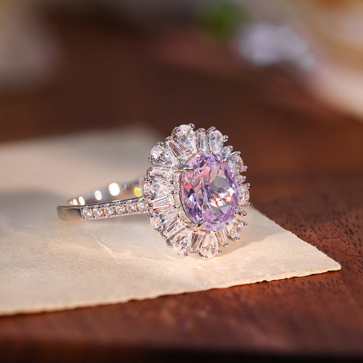 925 Silver Lab-Grown Purple Oval Halo Jewelry Set, Necklace Ring Stud Earrings product image