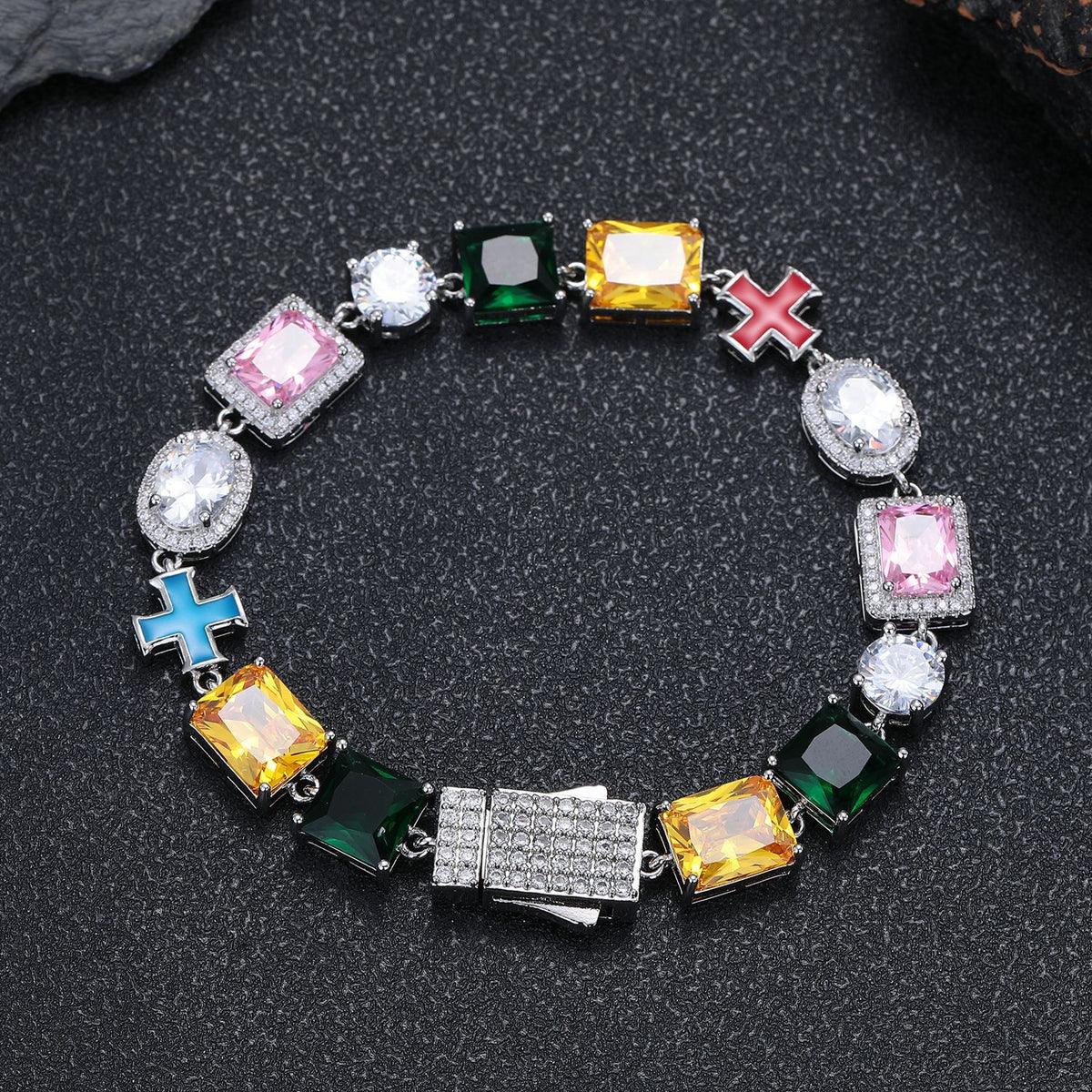 Colorful Cross Pendant Chain Necklace and Bracelet, 10mm Geometric Cubic Zirconia Jewelry Set product image