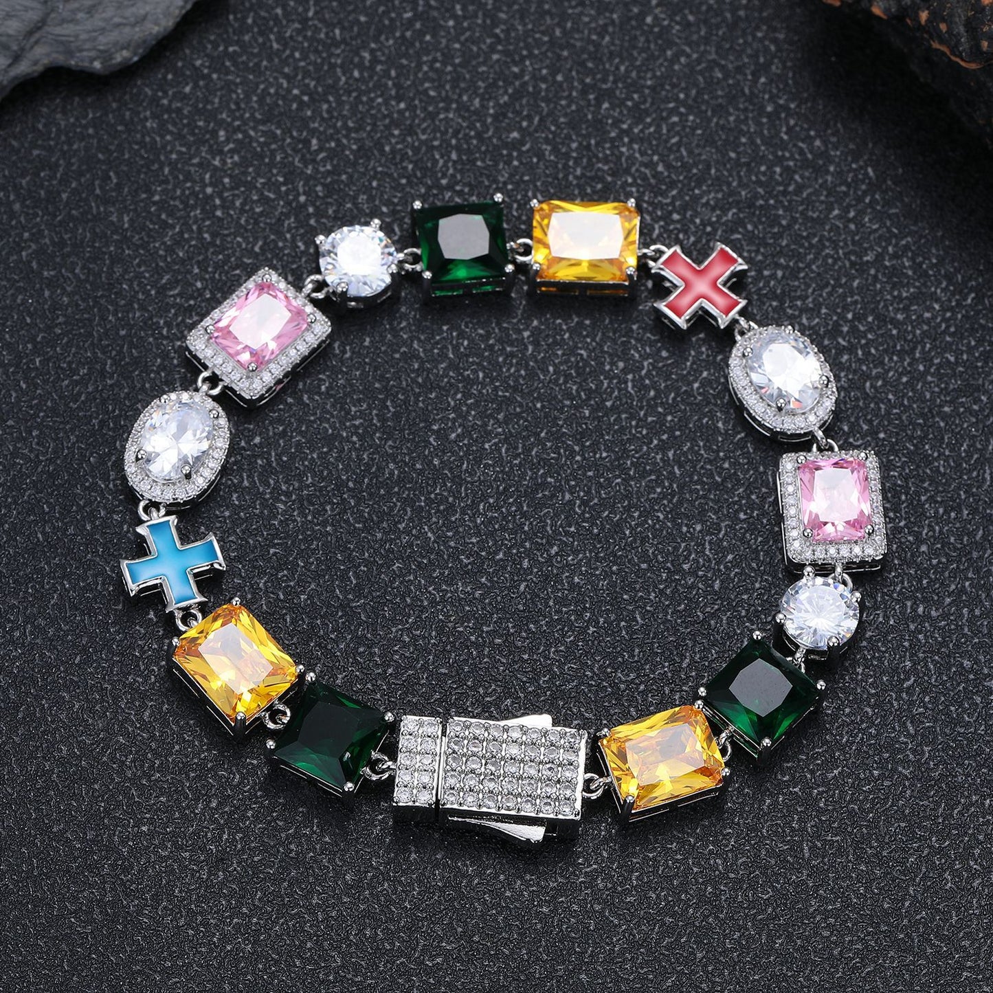 Colorful Cross Pendant Chain Necklace and Bracelet, 10mm Geometric Zircon Jewelry Set