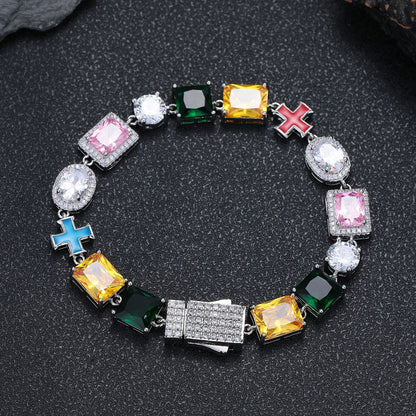 Colorful Cross Pendant Chain Necklace and Bracelet, 10mm Geometric Cubic Zirconia Jewelry Set