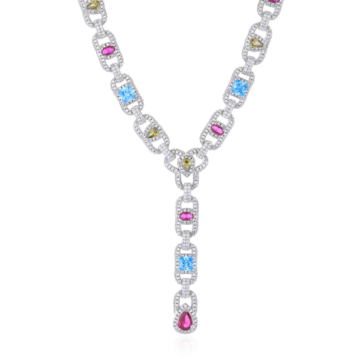 Multicolor Cubic Zirconia Geometric Link Chain Pendant Necklace, Asymmetric Iced-Out Unisex Statement Jewelry product image