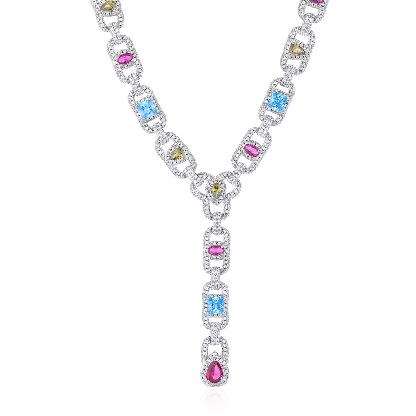 Multicolor Zircon Geometric Link Chain Pendant Necklace, Asymmetric Iced-Out Unisex Statement Jewelry