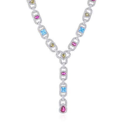 Multicolor Cubic Zirconia Geometric Link Chain Pendant Necklace, Asymmetric Iced-Out Unisex Statement Jewelry