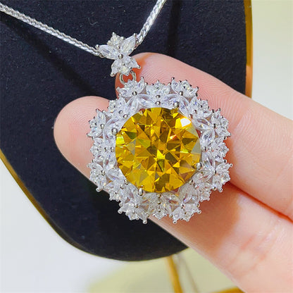 10 Carat Yellow Moissanite Pendant Necklace with Floral Halo Chain