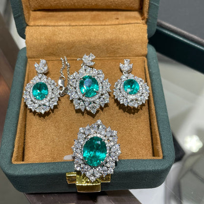 Teal Green Floral Pendant Necklace Set with Matching Earrings