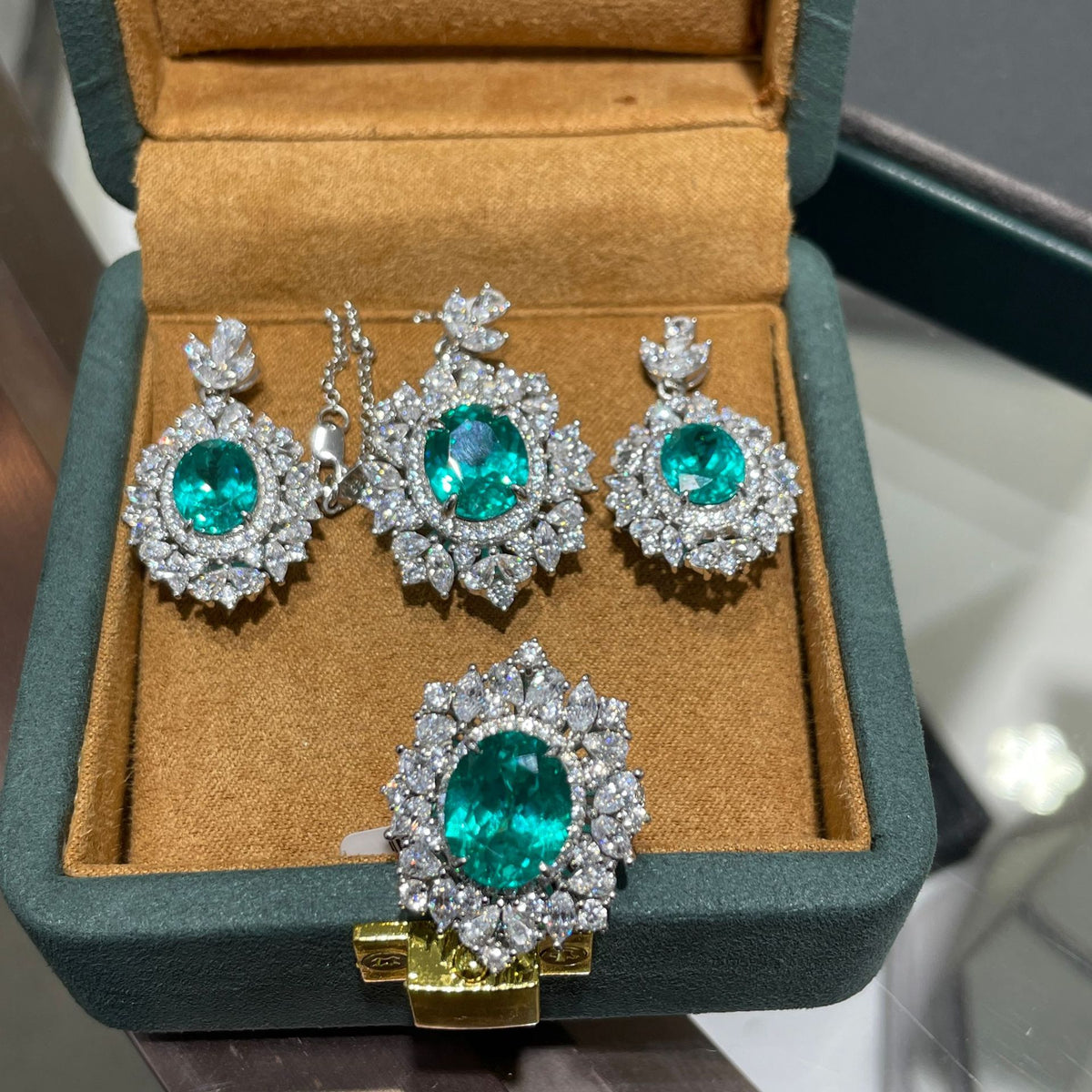 Teal Green Floral Pendant Necklace Set with Matching Earrings product image