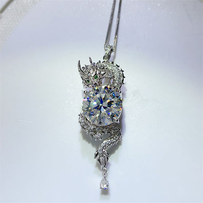 Dragon Moissanite Pendant Necklace 10 Carat Round Stone Silver Chain Statement Necklace