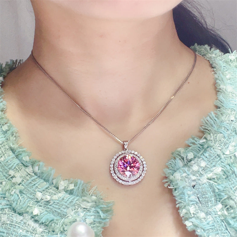 Pink Round Halo Moissanite Pendant Necklace with Double Circle Pavé Design product image