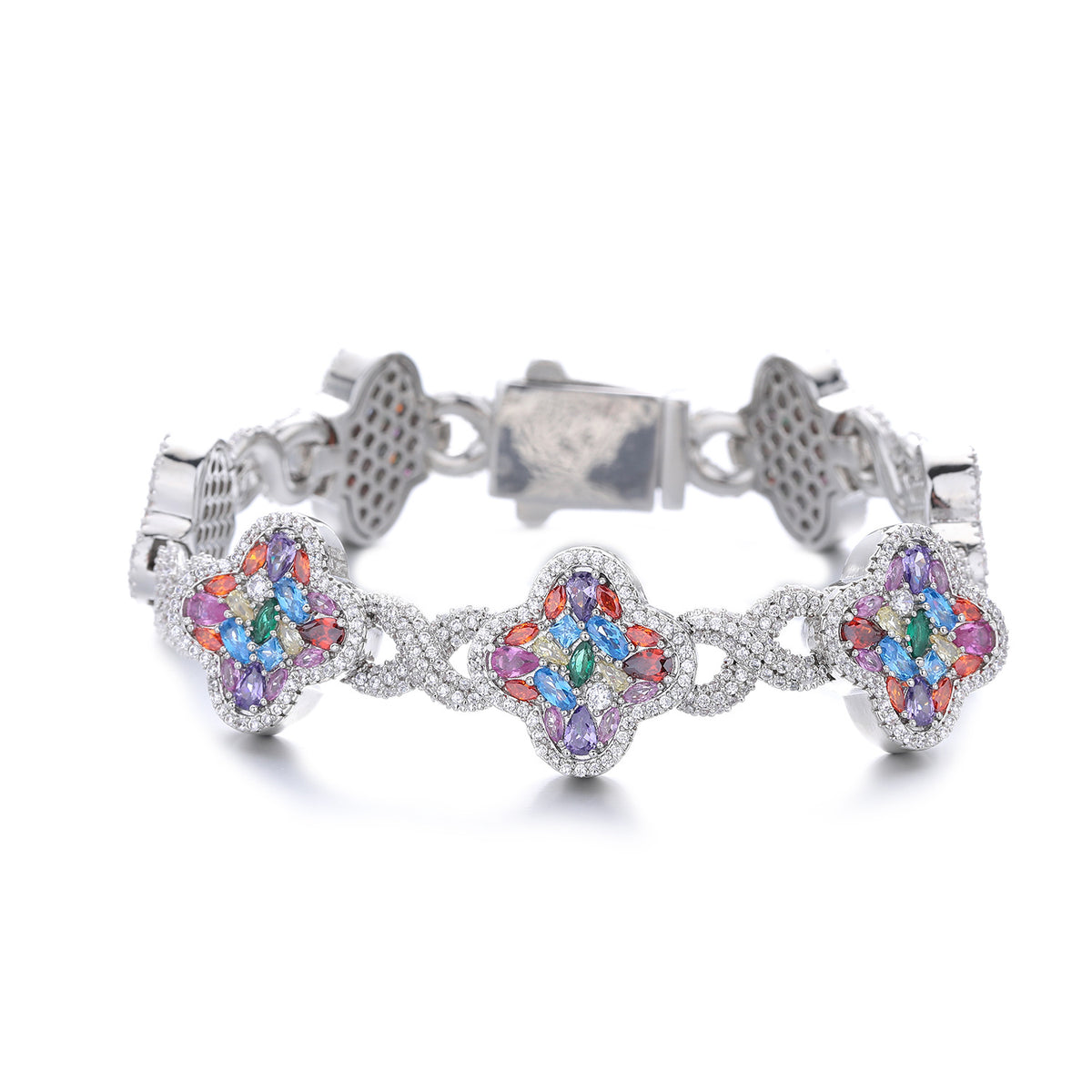 Multicolor Clover Crystal Bracelet for Women, Pave Floral Link Bracelet product image
