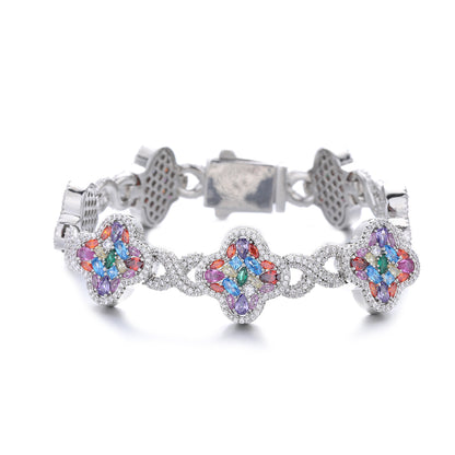 Multicolor Clover Crystal Bracelet for Women, Pave Floral Link Bracelet