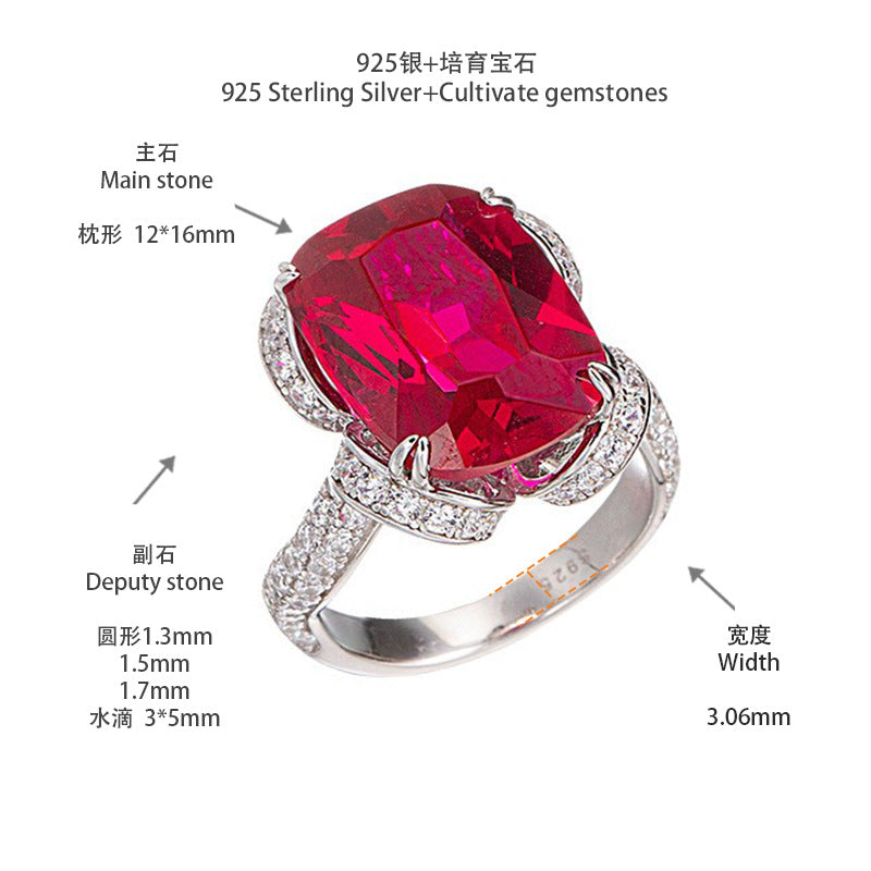 Lab-Created Ruby Cushion Halo Ring, S925 Silver 18K Gold Plated Statement Ring product image