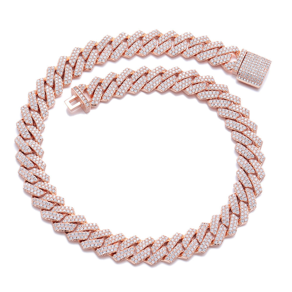 Iced Out Cuban Link Chain Necklace Bracelet in Rose Gold Tone, 14mm Hip Hop Statement Jewelry product image
