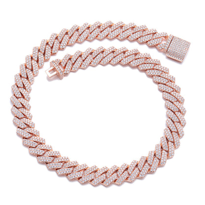 Iced Out Cuban Link Chain Necklace Bracelet in Rose Gold Tone, 14mm Hip Hop Statement Jewelry