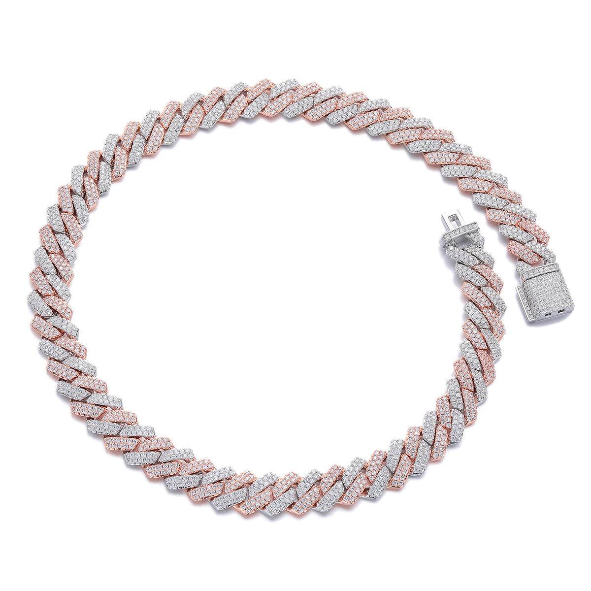 Iced Out Cuban Link Chain Necklace Bracelet in Rose Gold Tone, 14mm Hip Hop Statement Jewelry product image