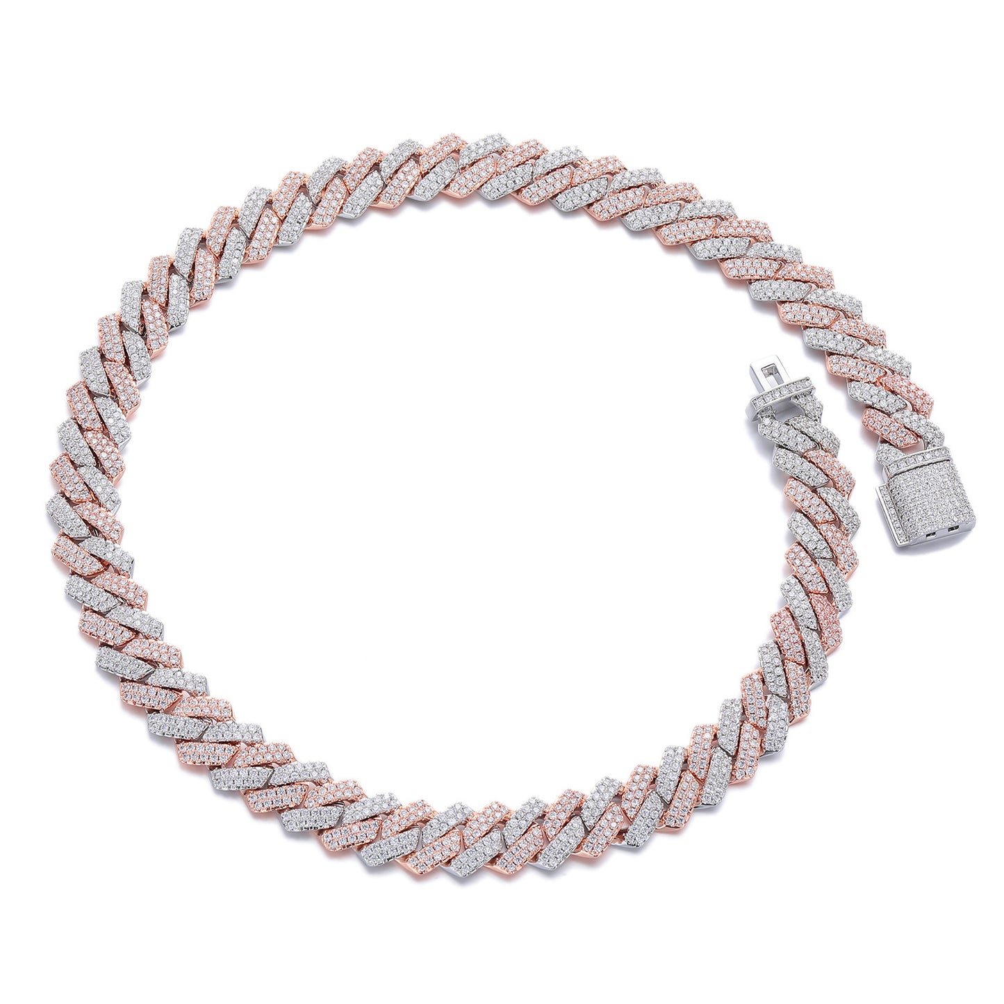 Iced Out Cuban Link Chain Necklace Bracelet in Rose Gold Tone, 14mm Hip Hop Statement Jewelry