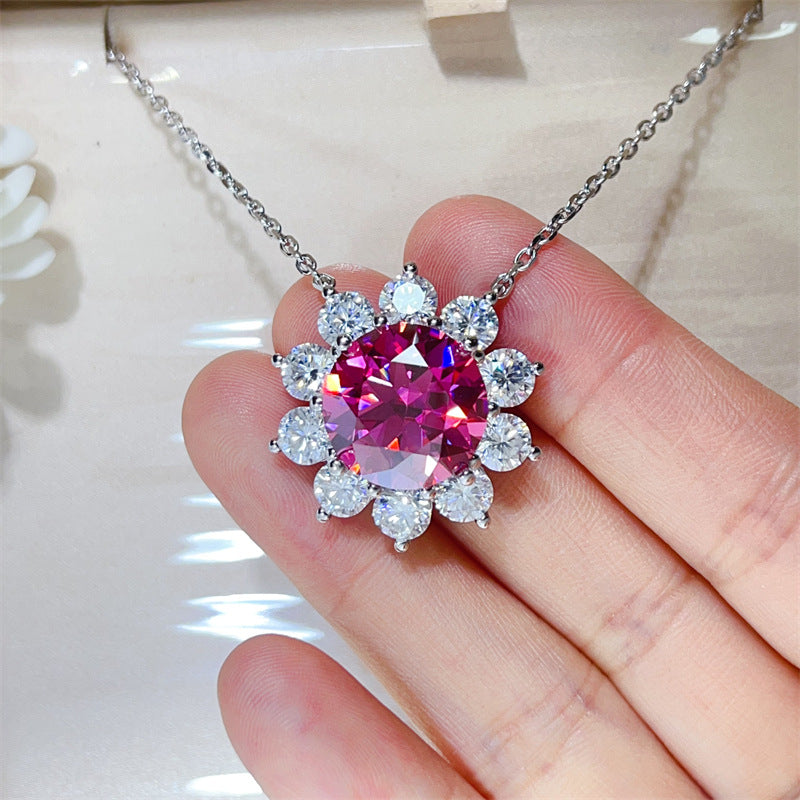 15 Carat Moissanite Flower Pendant Necklace for Women, Color Halo Statement Chain Necklace product image
