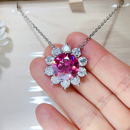 15 Carat Moissanite Flower Pendant Necklace for Women, Color Halo Statement Chain Necklace