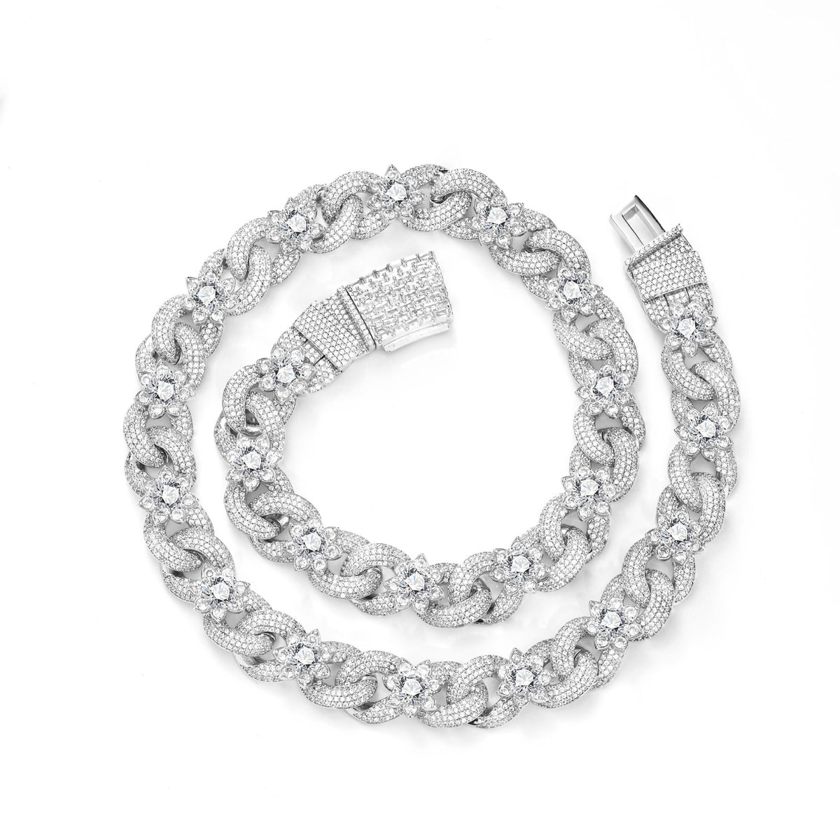 Iced Out Floral Cuban Link Chain Necklace, Two-Tone Hip Hop Style product image