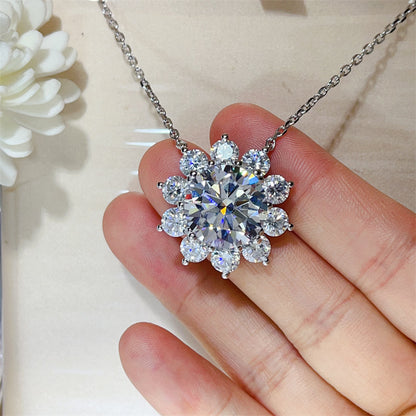 15 Carat Moissanite Flower Pendant Necklace for Women, Color Halo Statement Chain Necklace