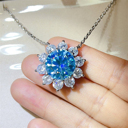 15 Carat Moissanite Flower Pendant Necklace for Women, Color Halo Statement Chain Necklace