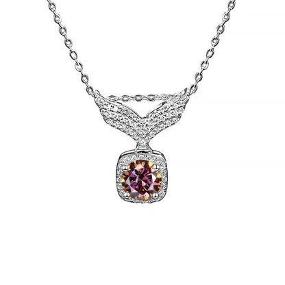 S925 Moissanite Angel Wings Pendant Necklace, Box Chain, Multicolor Stone Options