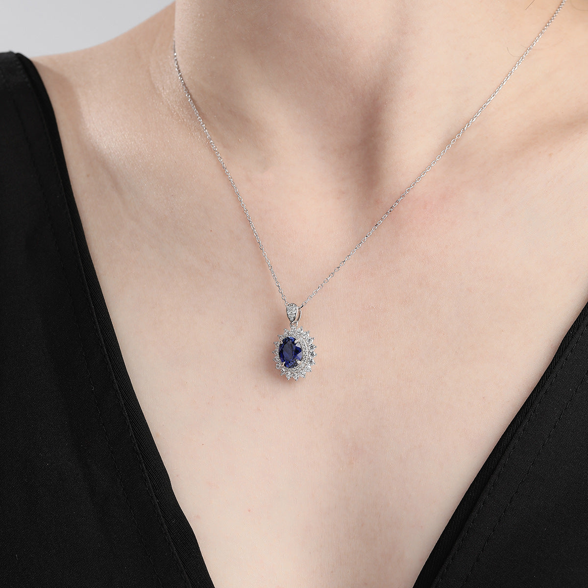 Royal Blue Oval Gemstone Jewelry Set for Women, Ring Earrings Pendant Necklace, Vintage Halo Style product image