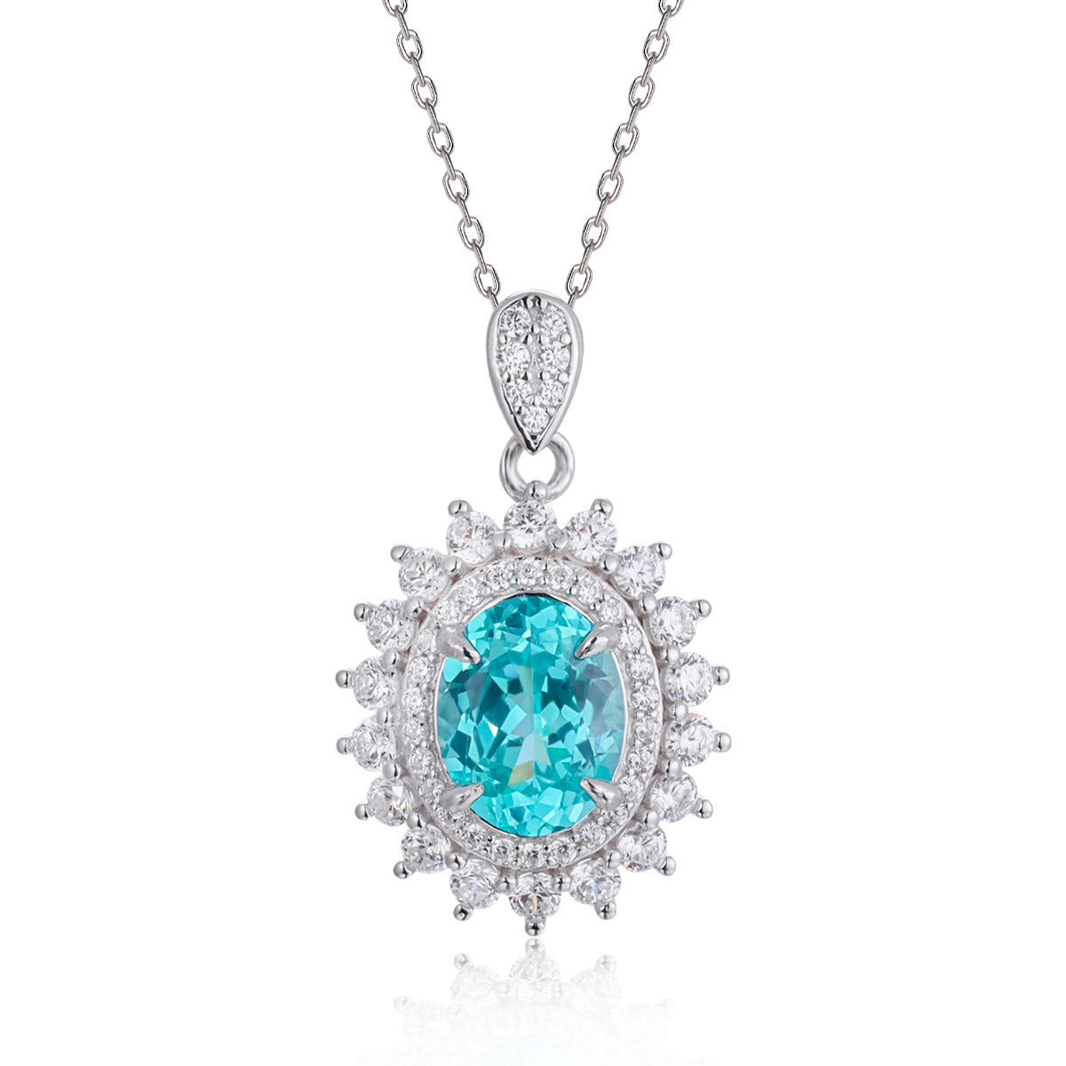 S925 Silver Teal Halo Jewelry Set for Women, Necklace Earrings Ring product image