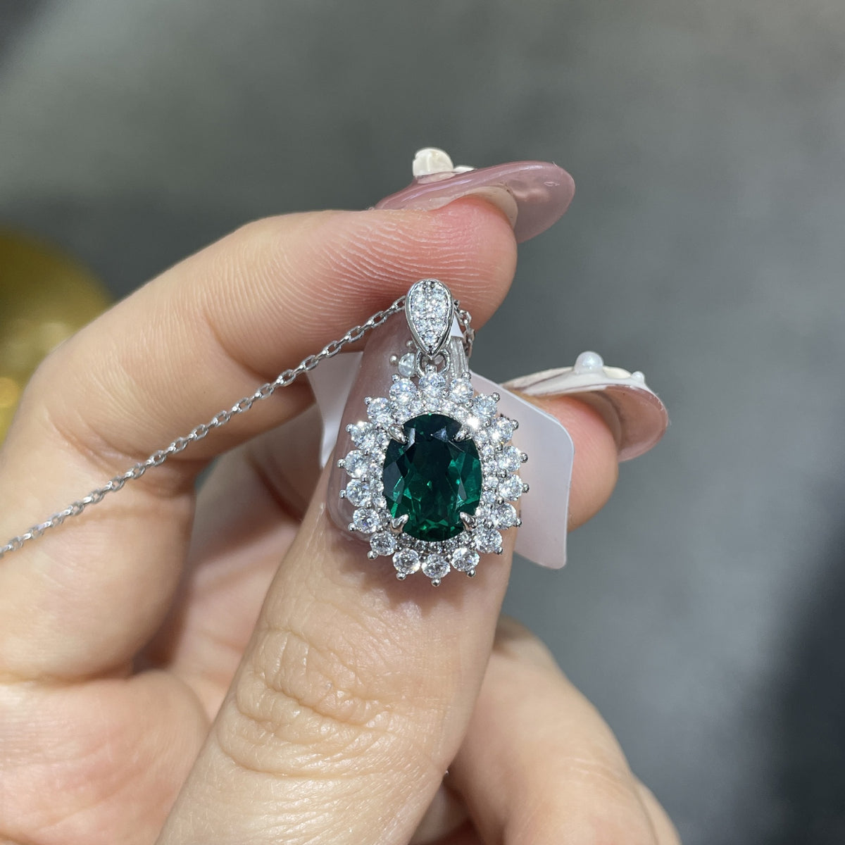 Emerald Green Oval Jewelry Set for Women, Halo Ring Earrings Necklace product image
