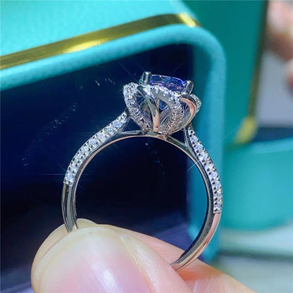 Blue Moissanite Halo Ring for Women, 1 Carat U-Shape Engagement Ring Style