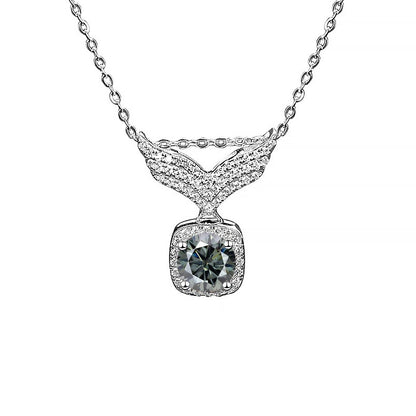 S925 Moissanite Angel Wings Pendant Necklace, Box Chain, Multicolor Stone Options