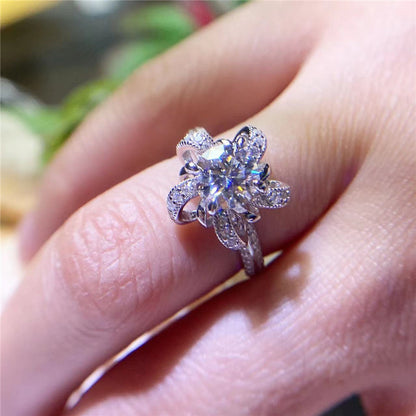 Floral Moissanite Ring for Women, Halo Engagement Ring Style, Lotus Flower Statement Ring