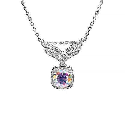 S925 Moissanite Angel Wings Pendant Necklace, Box Chain, Multicolor Stone Options