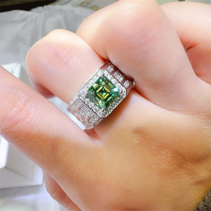 Green VVS1 Moissanite Ring with Halo Frame, Emerald-Cut Statement Wedding Ring