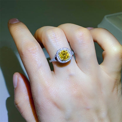 Yellow Moissanite Halo Ring for Women, Cushion Cut Engagement Ring Style, Geometric U-Shape Band
