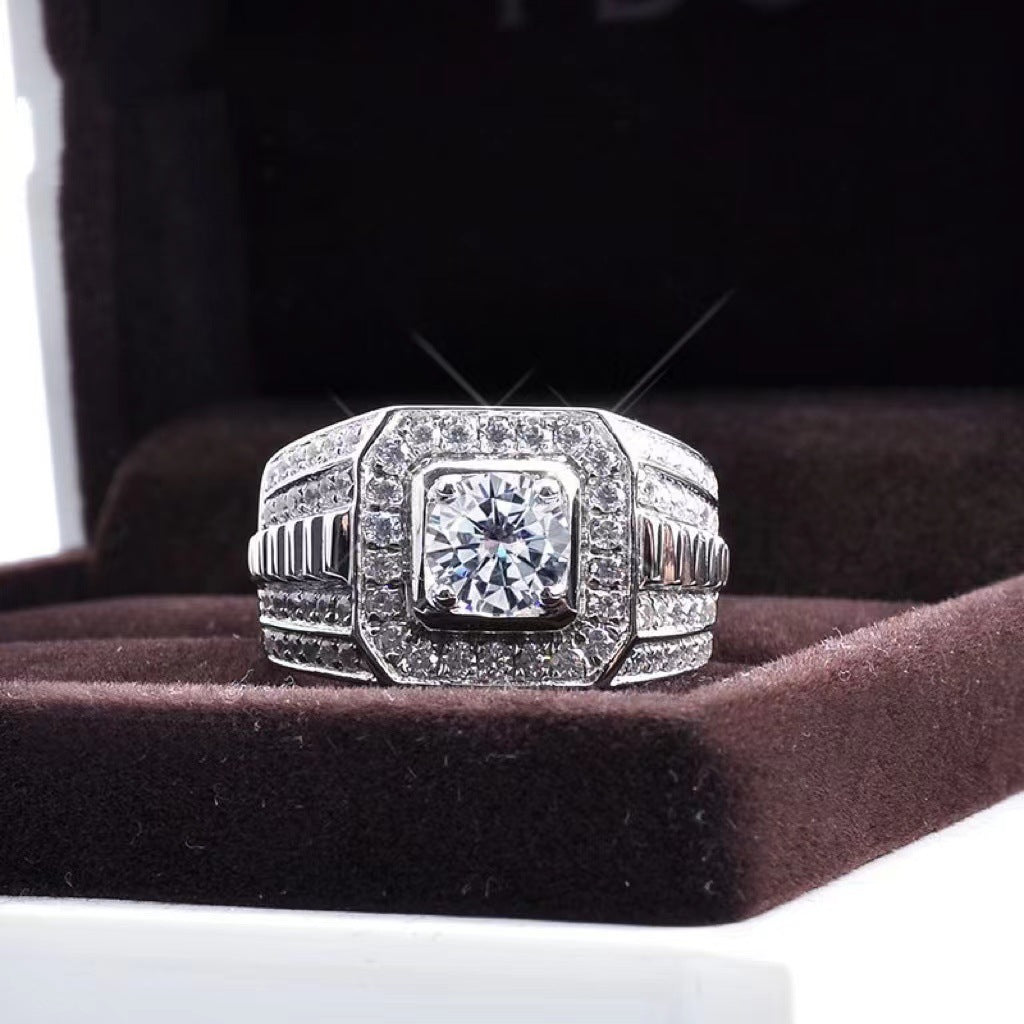 Men’s Moissanite Halo Ring in PT950 Platinum, U-Shape Wedding Engagement Ring product image