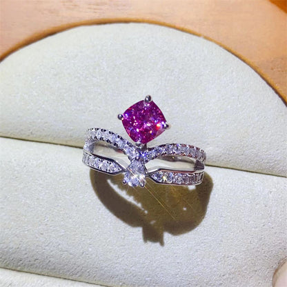 Pink or White 1 Carat Moissanite Ring for Women, Cushion Cut Crossover Band Engagement Ring