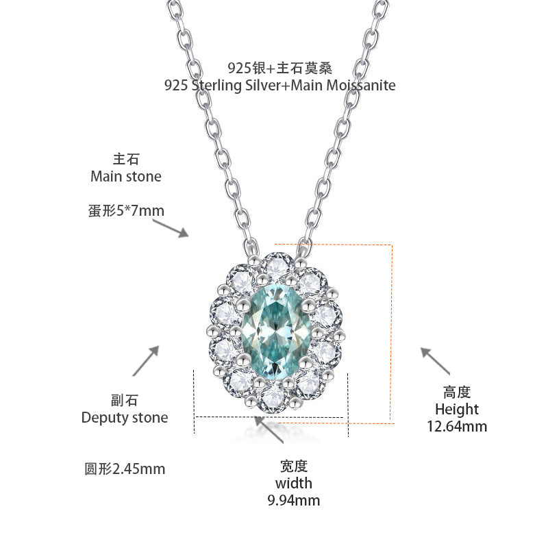 Aqua Blue Moissanite Oval Halo Pendant Necklace for Women, S925 Silver, 18K Gold Plated product image