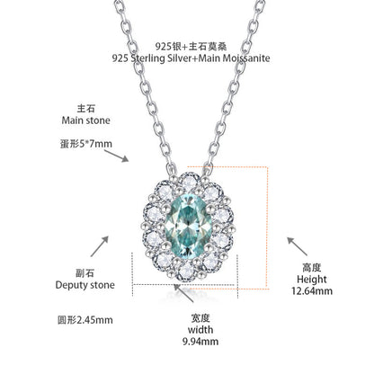 Aqua Blue Moissanite Oval Halo Pendant Necklace for Women, S925 Silver, 18K Gold Plated