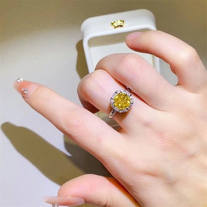 Yellow Moissanite Halo Ring for Women, Round Cut Geometric Engagement Ring, 1 Carat or 2 Carat