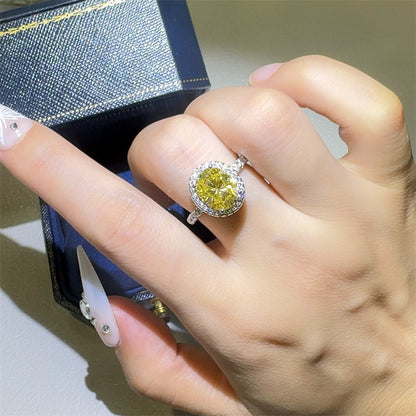 Oval Yellow Moissanite Halo Ring for Women, VVS1 Statement Engagement Ring